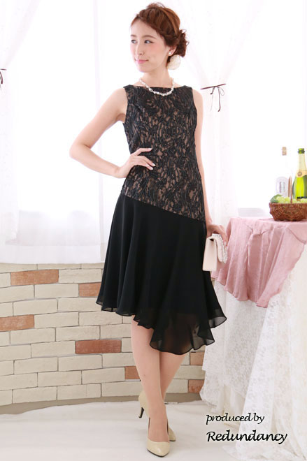 ブラックレースのアシンメトリー切替ドレス