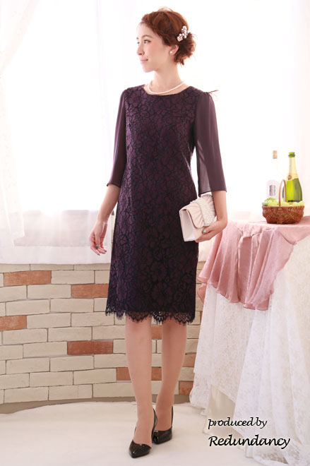 パープルのIライン総柄レースドレス