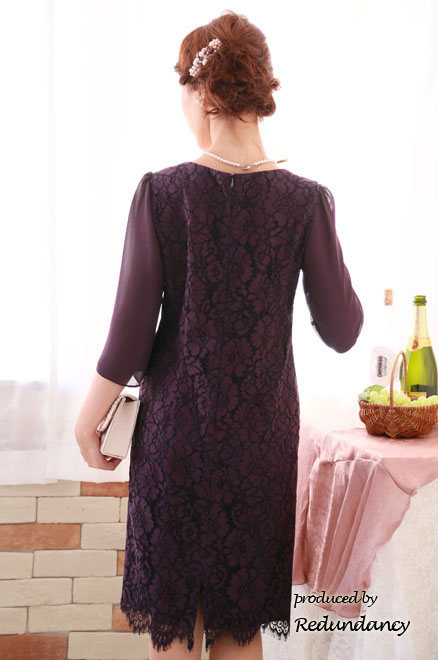 パープルのIライン総柄レースドレス