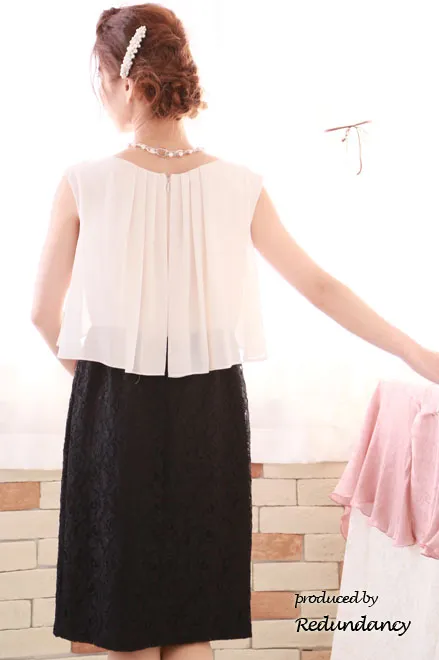 ベージュ×ブラックのシフォンとレースの異素材タイトドレス