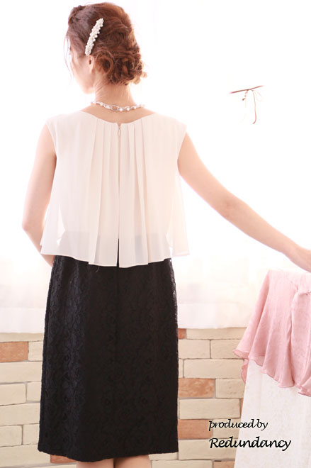 ベージュ×ブラックのシフォンとレースの異素材タイトドレス