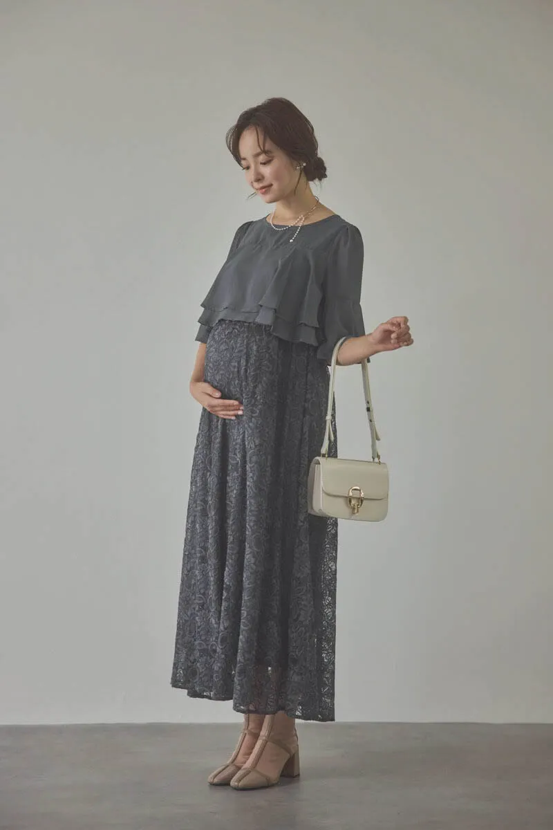 チャコールグレーの授乳口付きレーススカートドレス