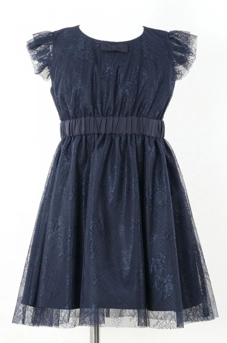 ネイビーのレース×チュール袖キッズドレス