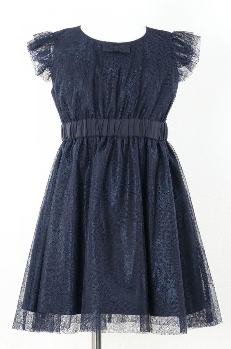 ネイビーのレース×チュール袖キッズドレス