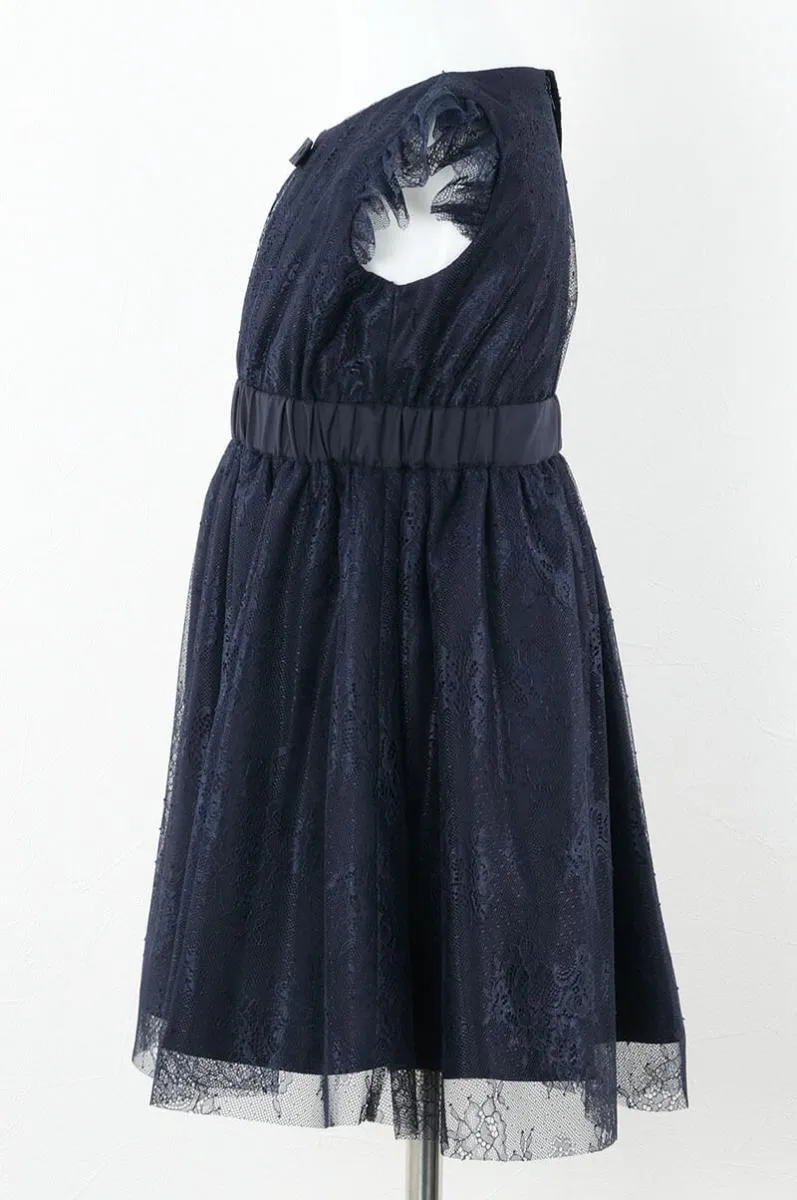 ネイビーのレース×チュール袖キッズドレス