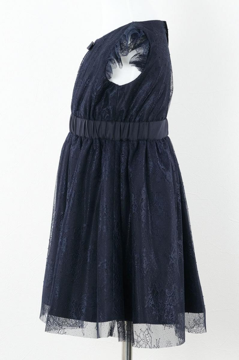 ネイビーのレース×チュール袖キッズドレス