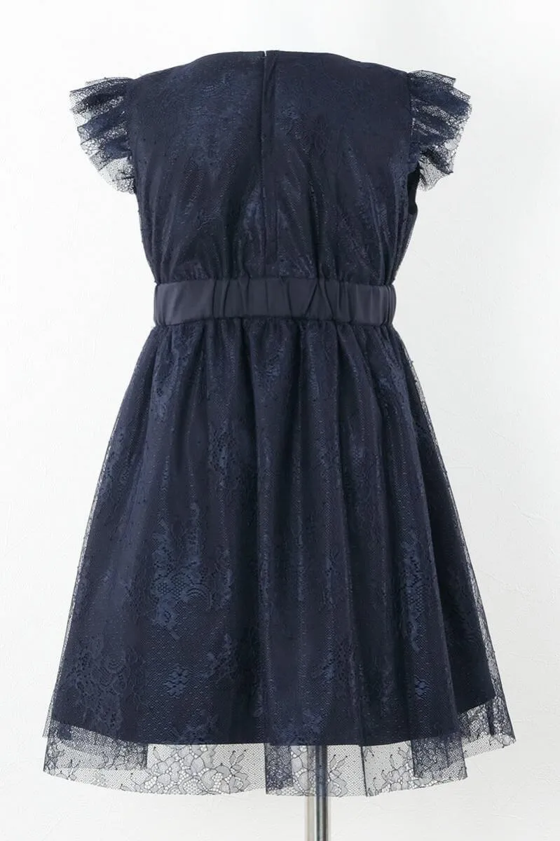ネイビーのレース×チュール袖キッズドレス