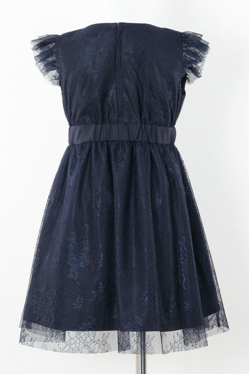 ネイビーのレース×チュール袖キッズドレス