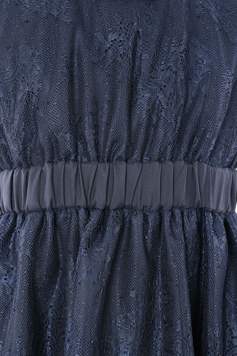 ネイビーのレース×チュール袖キッズドレス