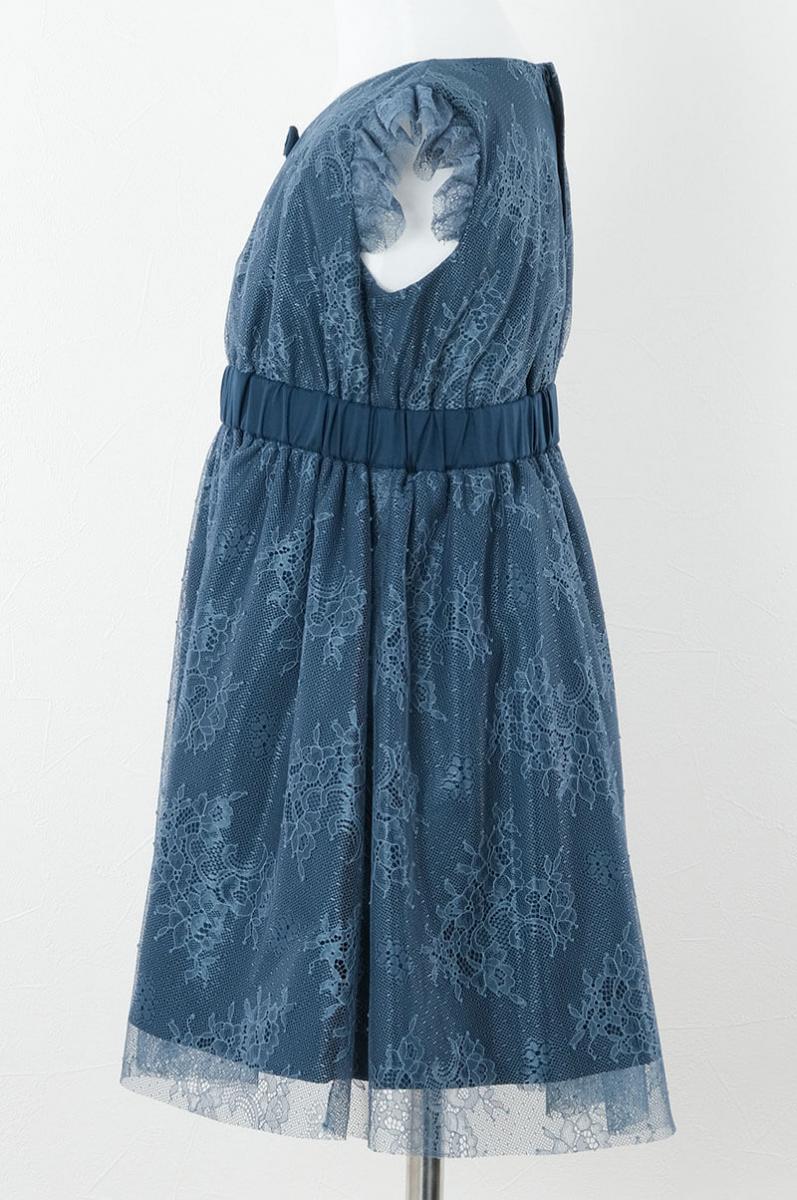 ブルーのレース×チュール袖キッズドレス