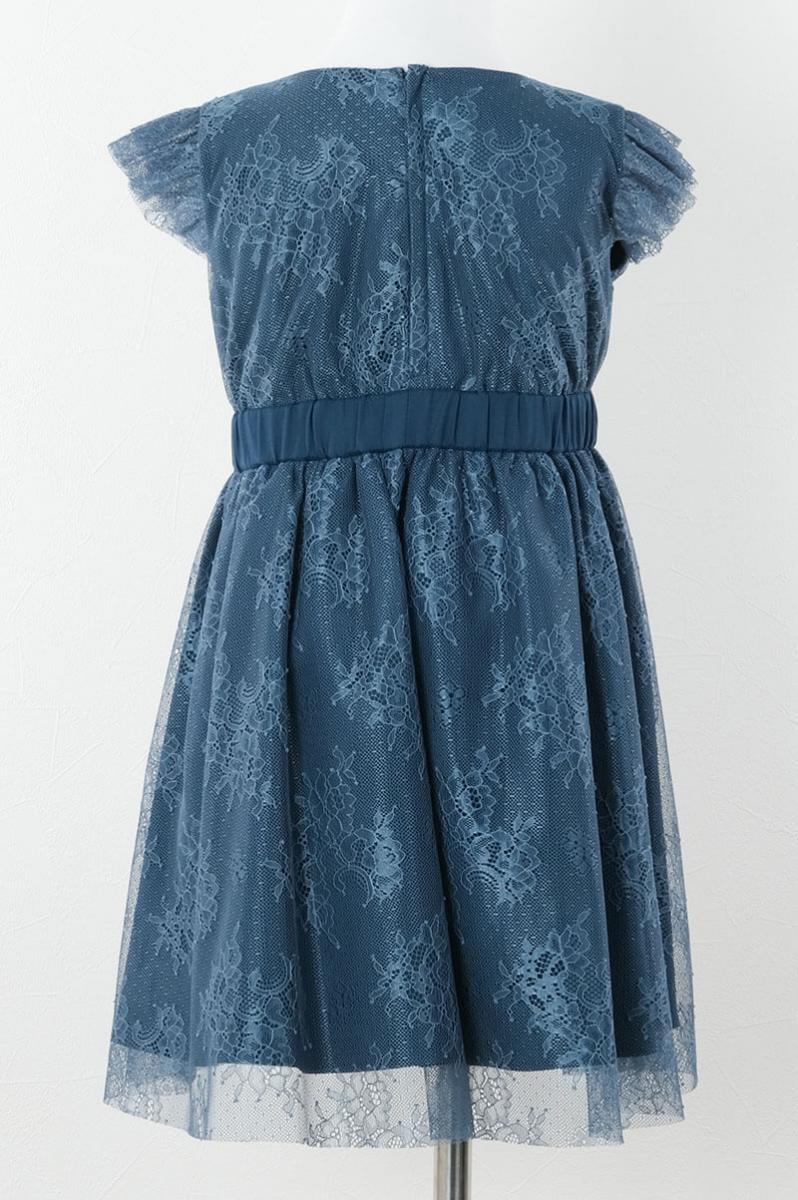ブルーのレース×チュール袖キッズドレス