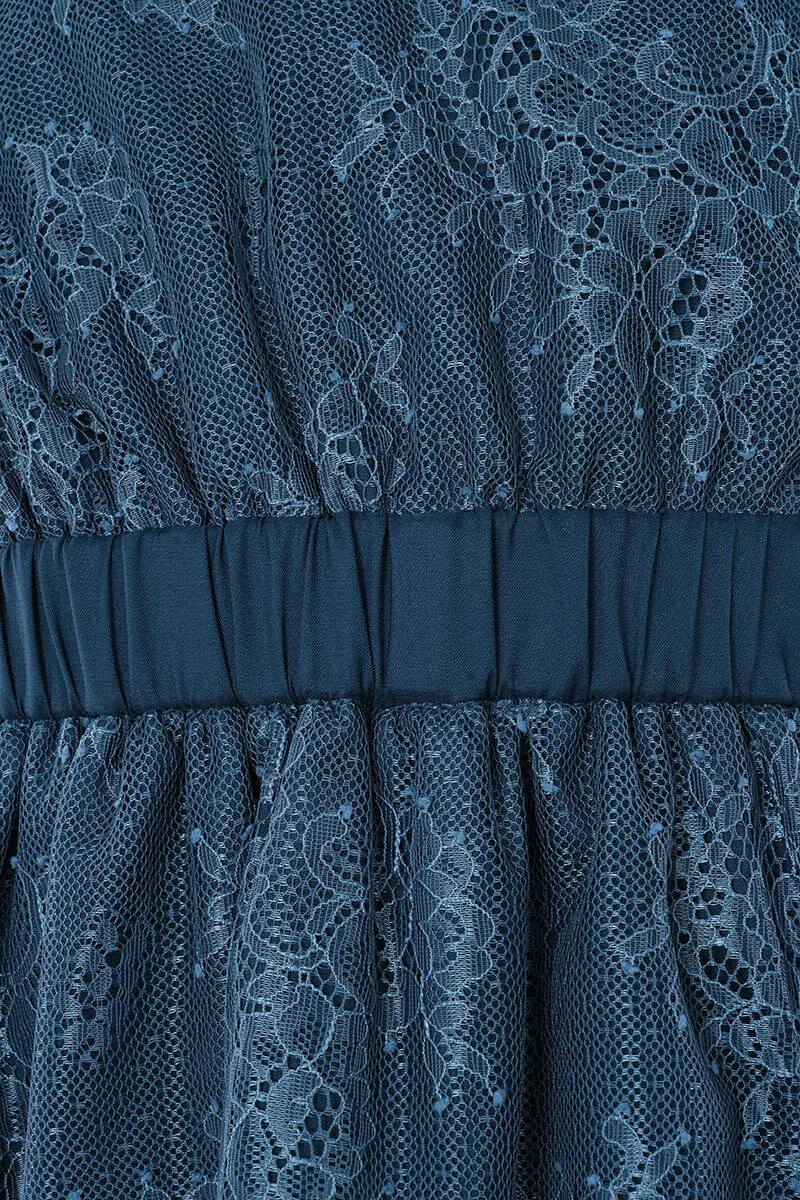 ブルーのレース×チュール袖キッズドレス