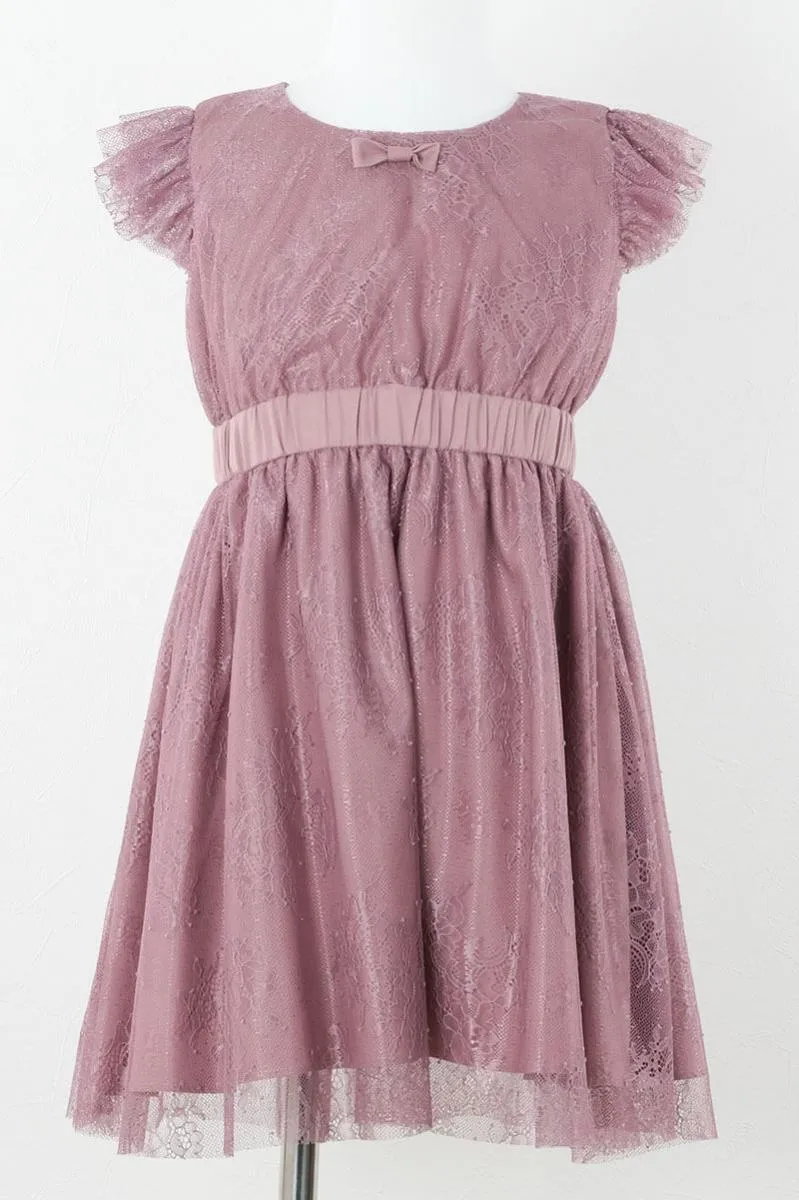 ピンクのレース×チュール袖キッズドレス