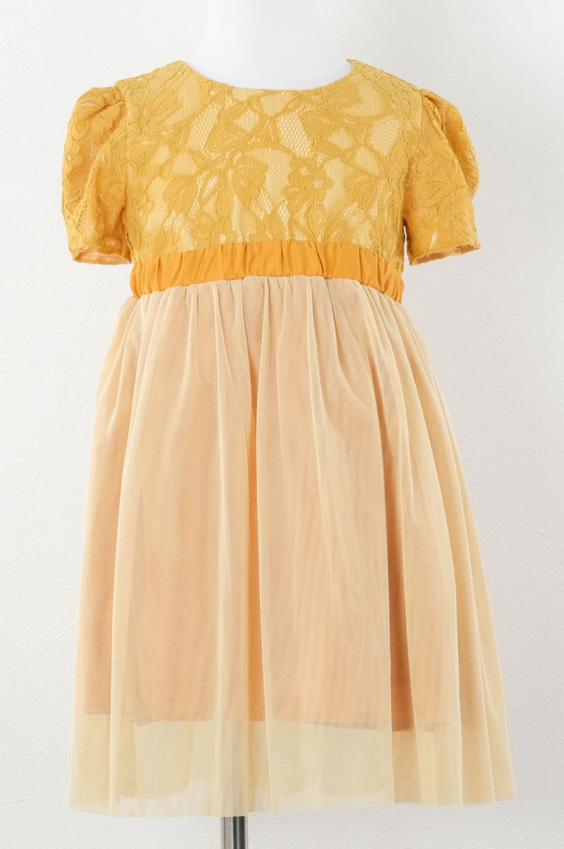イエローのレース×パフスリーブチュールキッズドレス