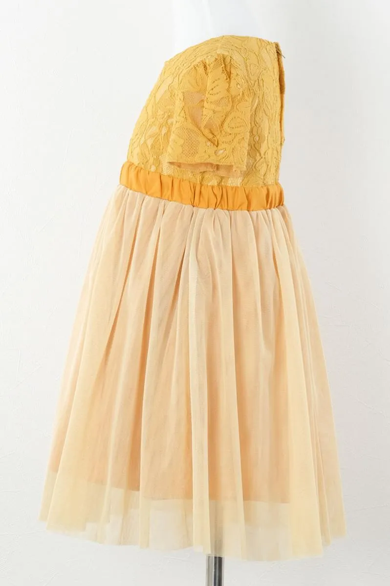 イエローのレース×パフスリーブチュールキッズドレス