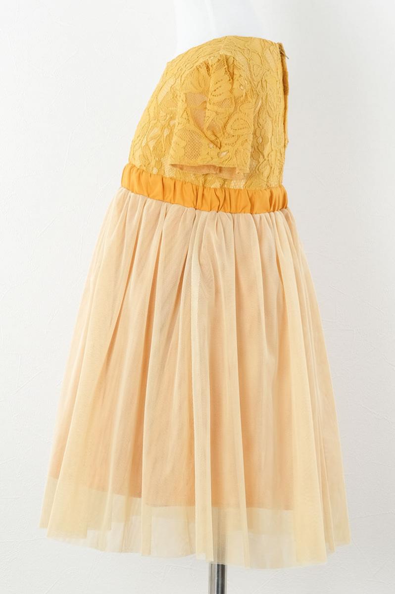 イエローのレース×パフスリーブチュールキッズドレス