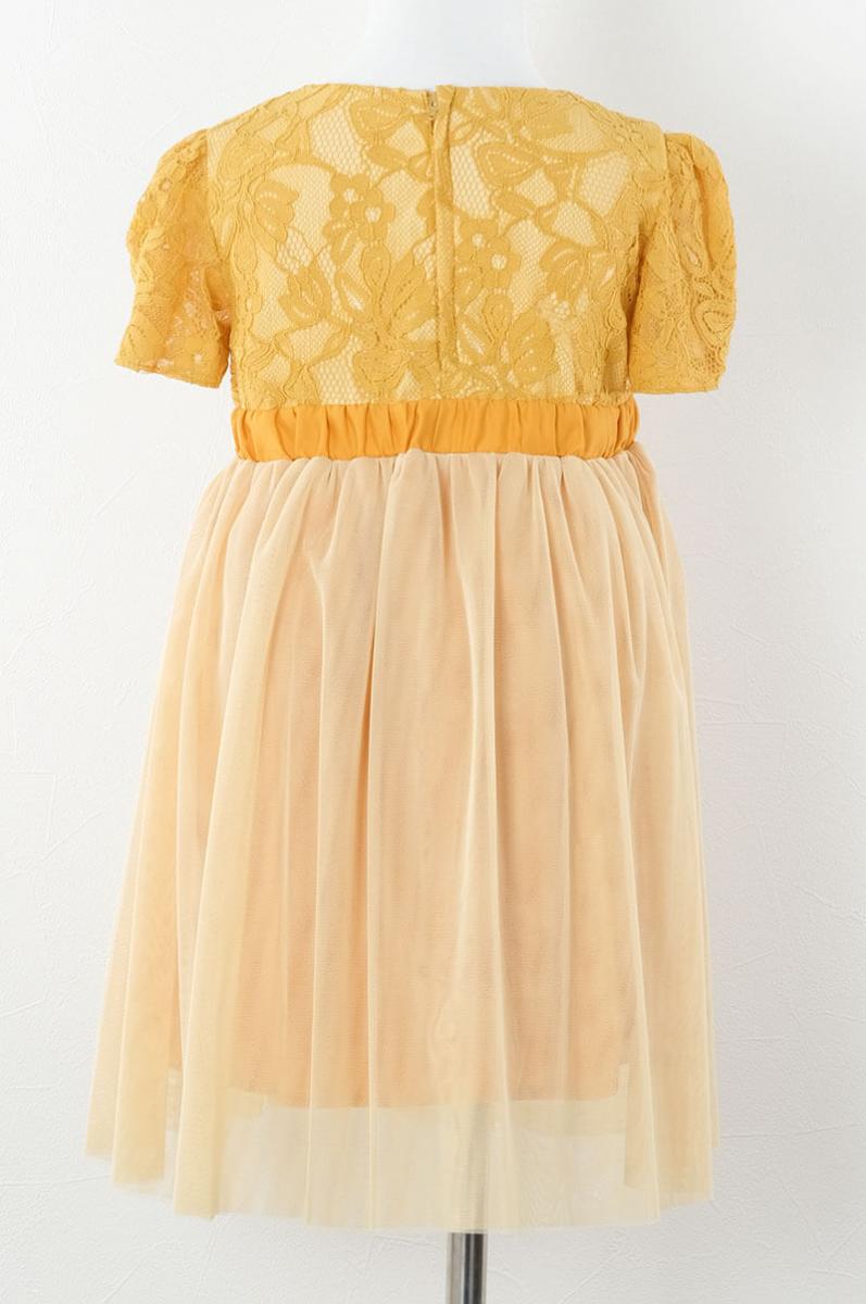 イエローのレース×パフスリーブチュールキッズドレス