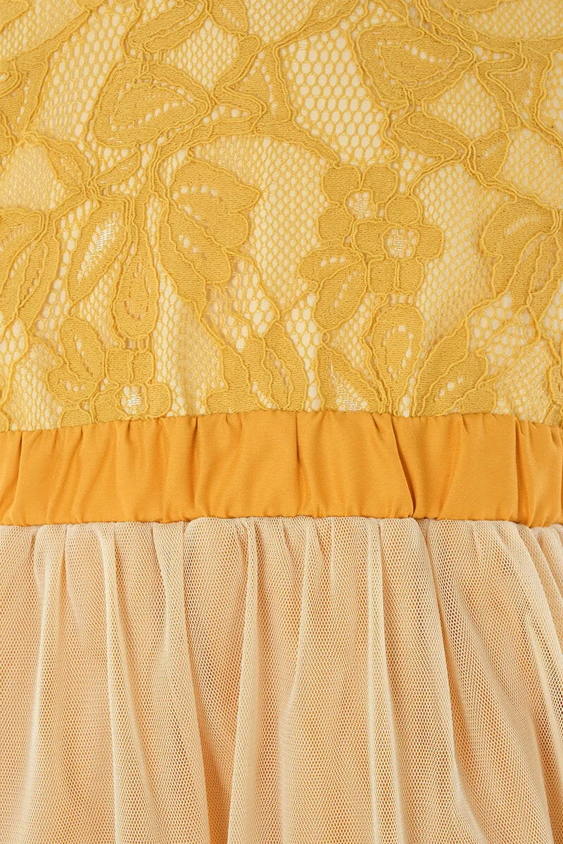 イエローのレース×パフスリーブチュールキッズドレス