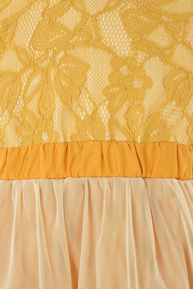 イエローのレース×パフスリーブチュールキッズドレス