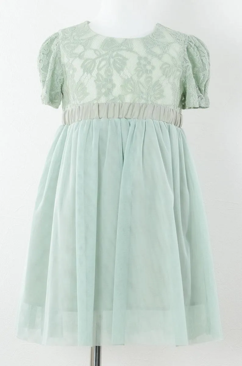 グリーンのレース×パフスリーブチュールキッズドレス