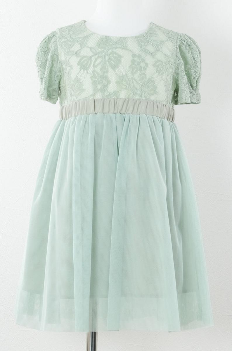 グリーンのレース×パフスリーブチュールキッズドレス