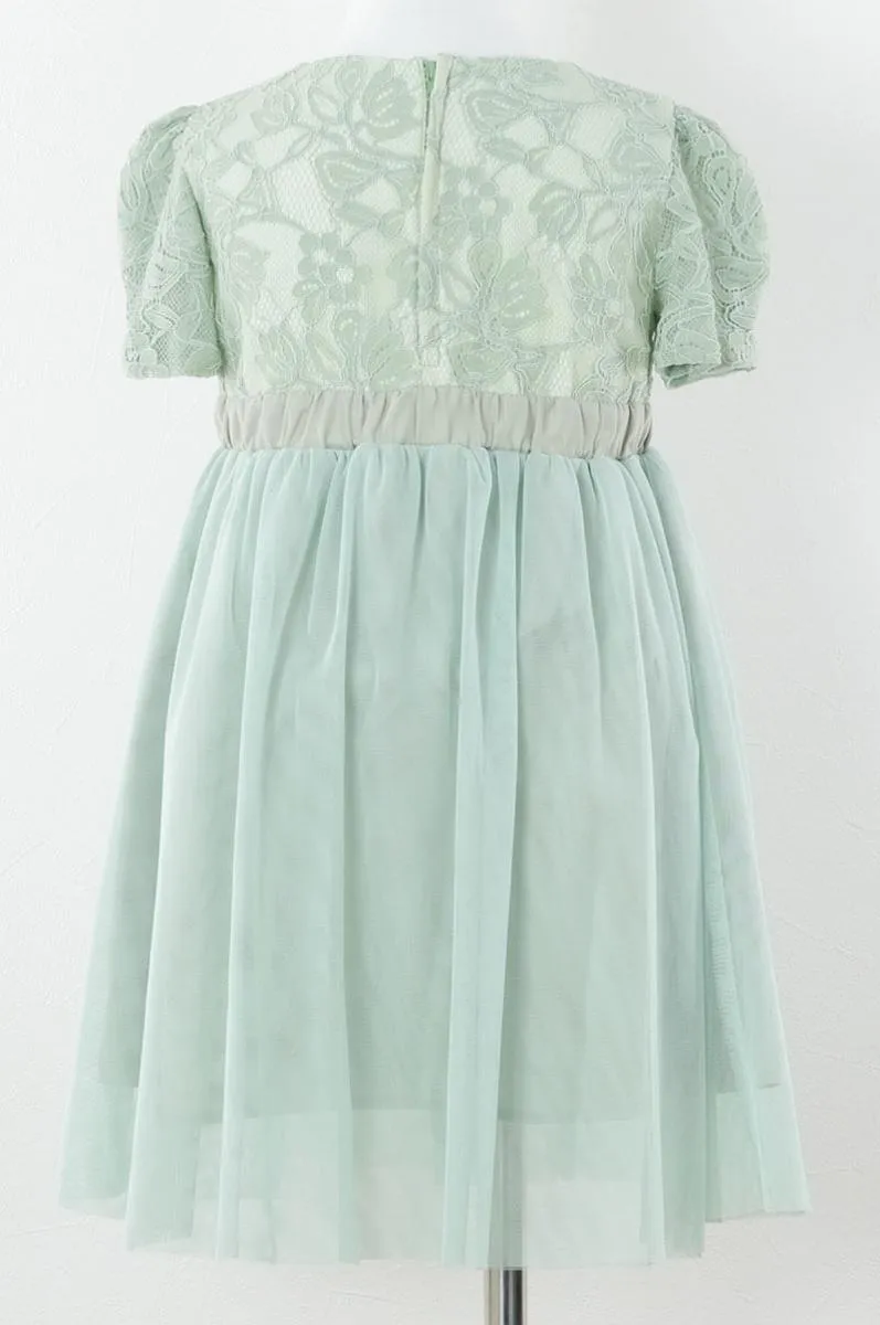 グリーンのレース×パフスリーブチュールキッズドレス