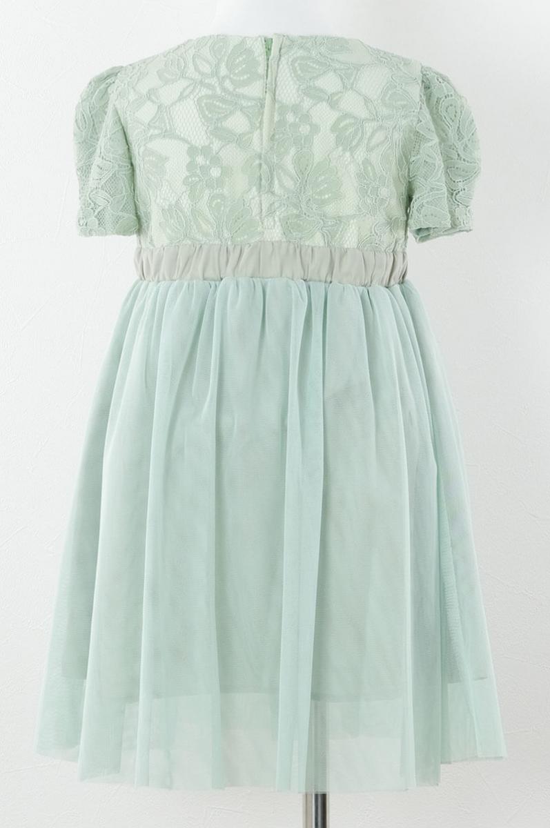 グリーンのレース×パフスリーブチュールキッズドレス