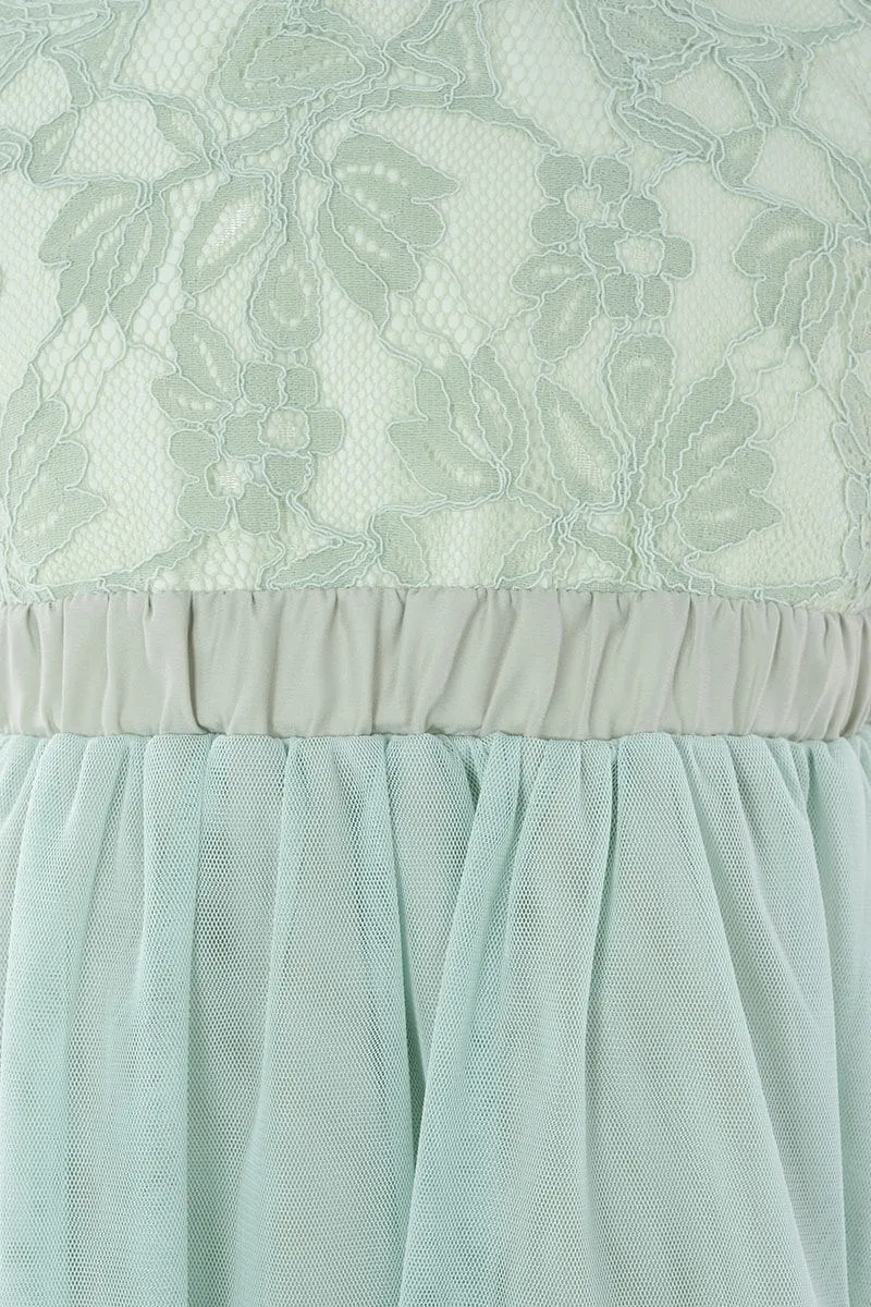 グリーンのレース×パフスリーブチュールキッズドレス