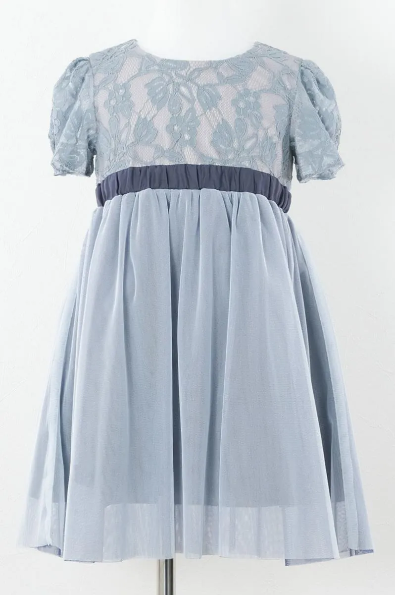 ブルーのレース×パフスリーブチュールキッズドレス