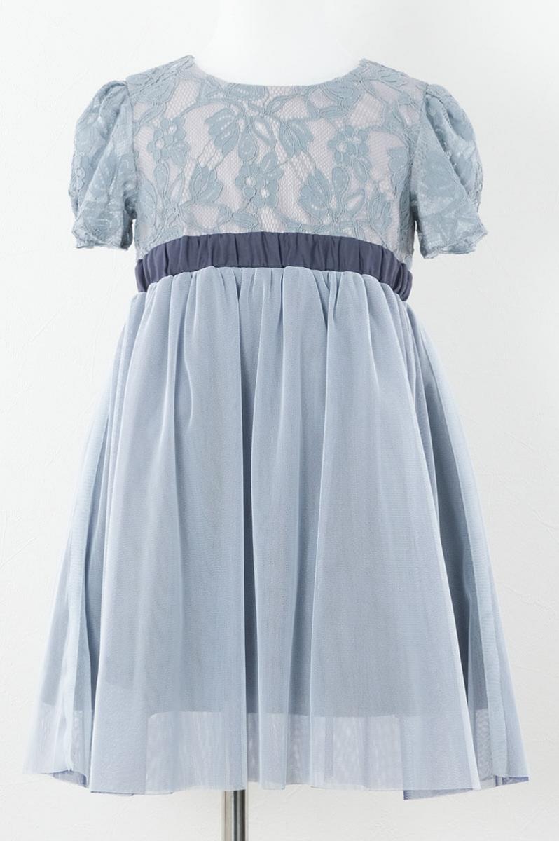 ブルーのレース×パフスリーブチュールキッズドレス
