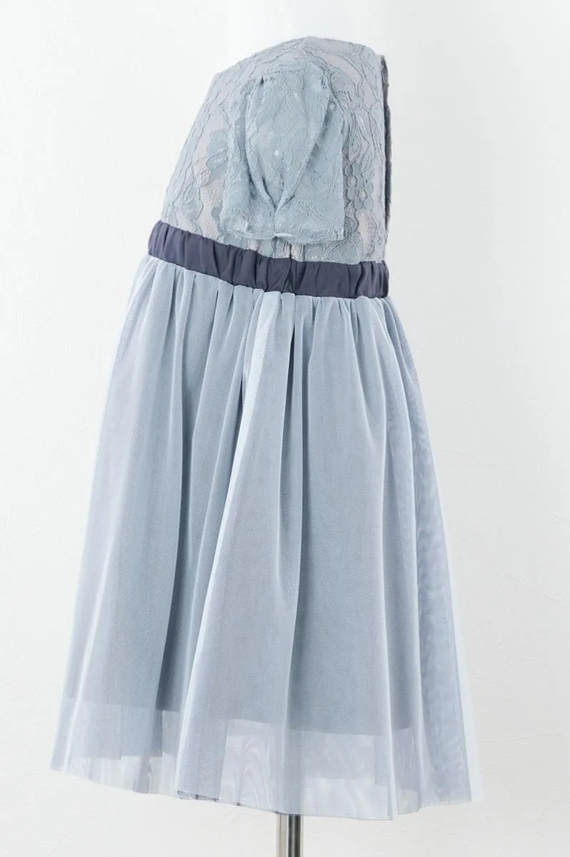 ブルーのレース×パフスリーブチュールキッズドレス