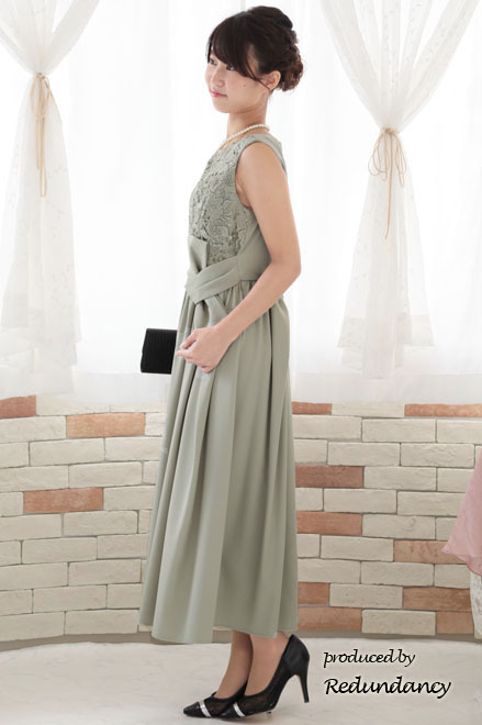 モスグリーンの変形リボンロングドレス