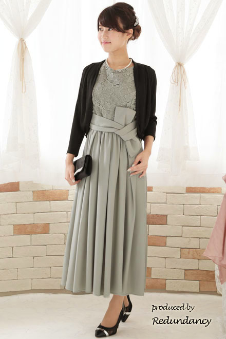 モスグリーンの変形リボンロングドレス