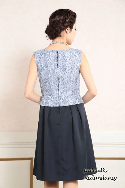 ブルー×ネイビーのツーピース風膝丈ドレス