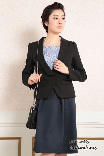 ブルー×ネイビーのツーピース風膝丈ドレス