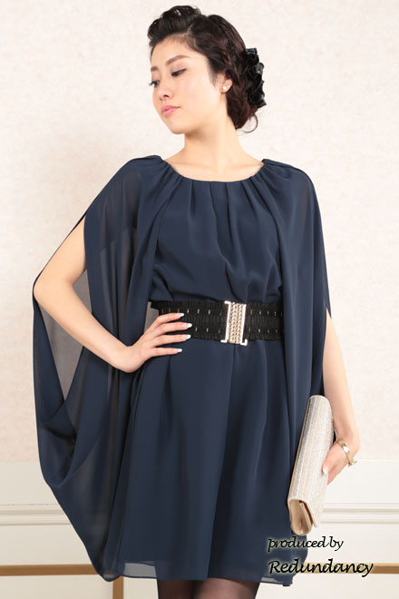 ネイビーのアームスリットシフォンドレス