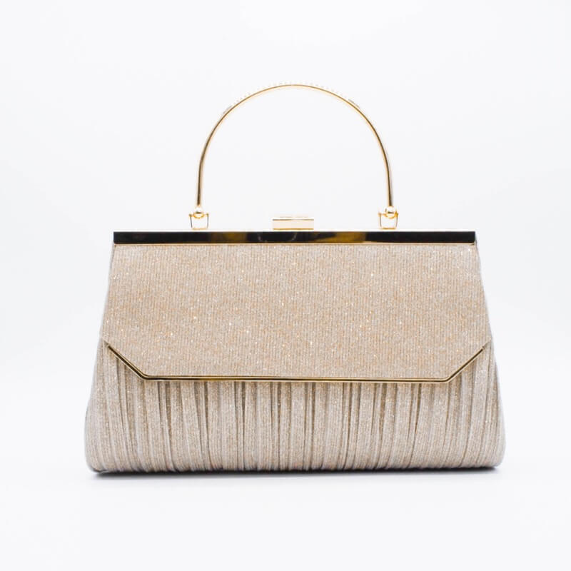 ベージュのラメプリーツハンドル付きバッグ