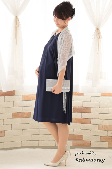 ネイビーのビジューネック2wayタックドレス