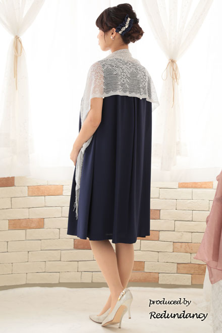 ネイビーのビジューネック2wayタックドレス