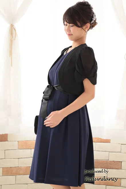 ネイビーのビジューネック2wayタックドレス