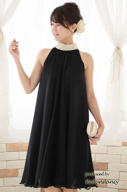 ブラック×ゴールドのハイネック刺繍アメリカンスリーブドレス