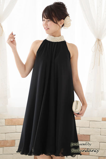 ブラック×ゴールドのハイネック刺繍アメリカンスリーブドレス