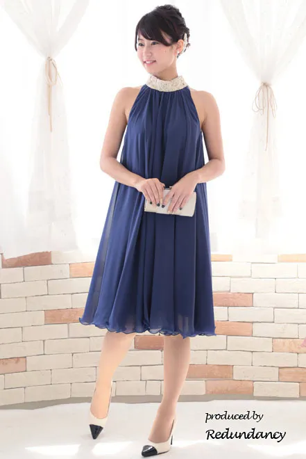 ブルー×ゴールドのハイネック刺繍アメリカンスリーブドレス