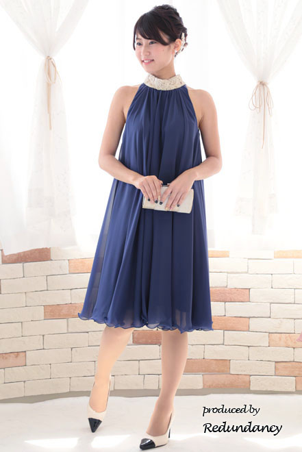 ブルー×ゴールドのハイネック刺繍アメリカンスリーブドレス