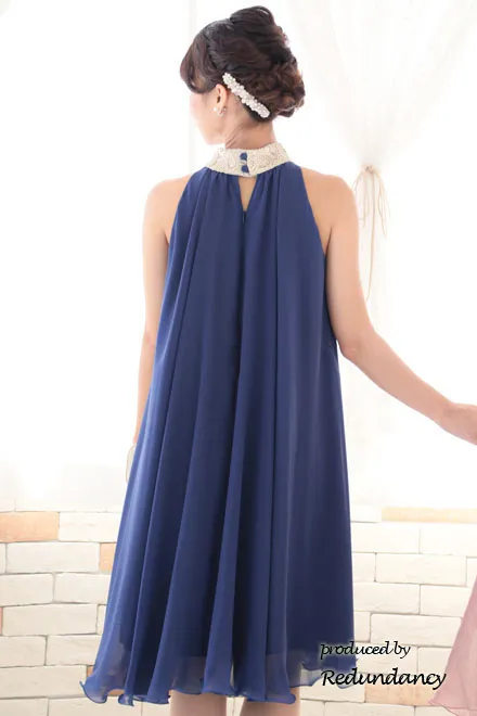 ブルー×ゴールドのハイネック刺繍アメリカンスリーブドレス