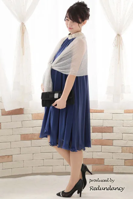 ブルー×ゴールドのハイネック刺繍アメリカンスリーブドレス