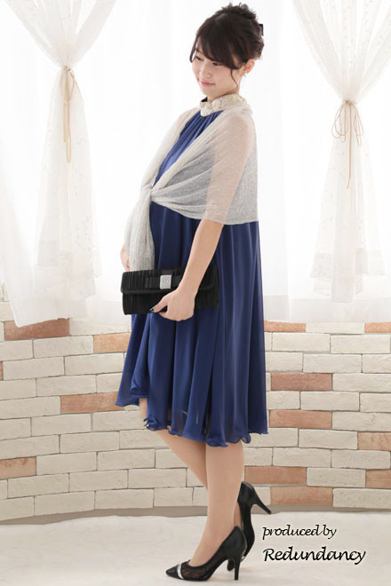 ブルー×ゴールドのハイネック刺繍アメリカンスリーブドレス