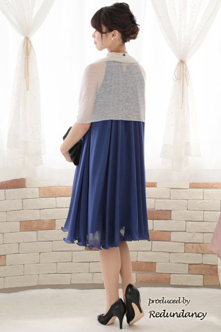 ブルー×ゴールドのハイネック刺繍アメリカンスリーブドレス