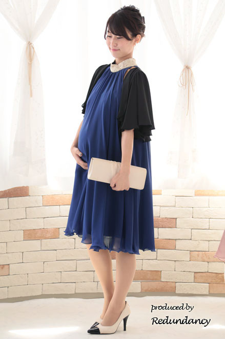 ブルー×ゴールドのハイネック刺繍アメリカンスリーブドレス