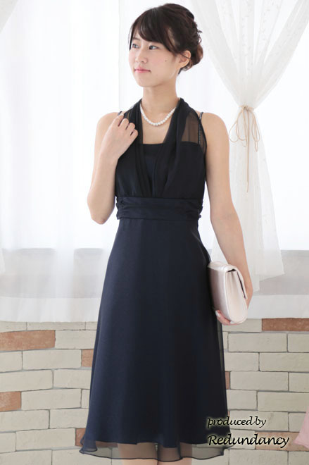 ネイビーのビジューストラップラメドレス